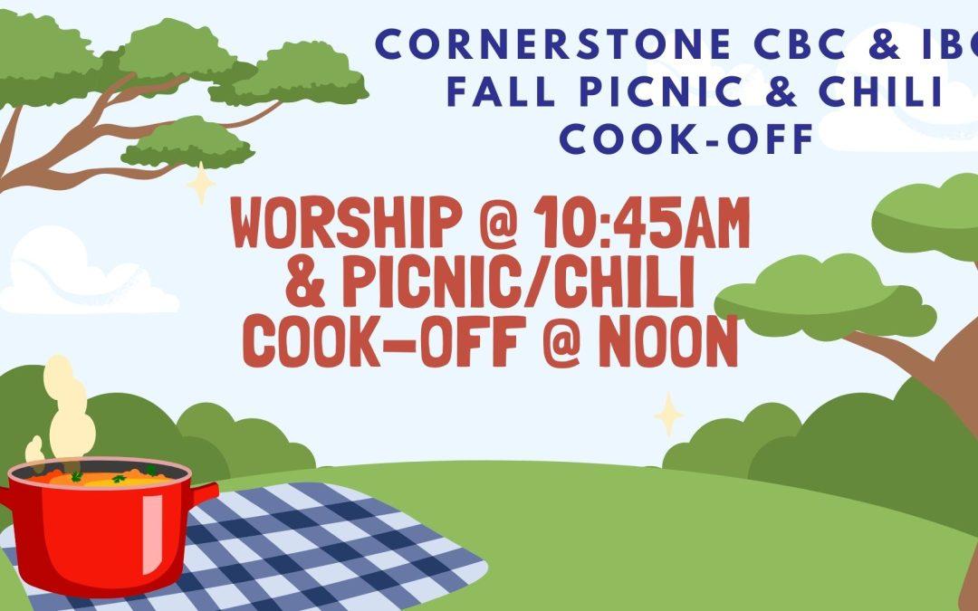 Chili Cookoff and Church-wide picnic Sunday October 13